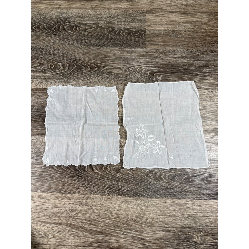 Vintage White Handkerchief Set 2 Embroidered Floral Scalloped Cotton Linen Mixed